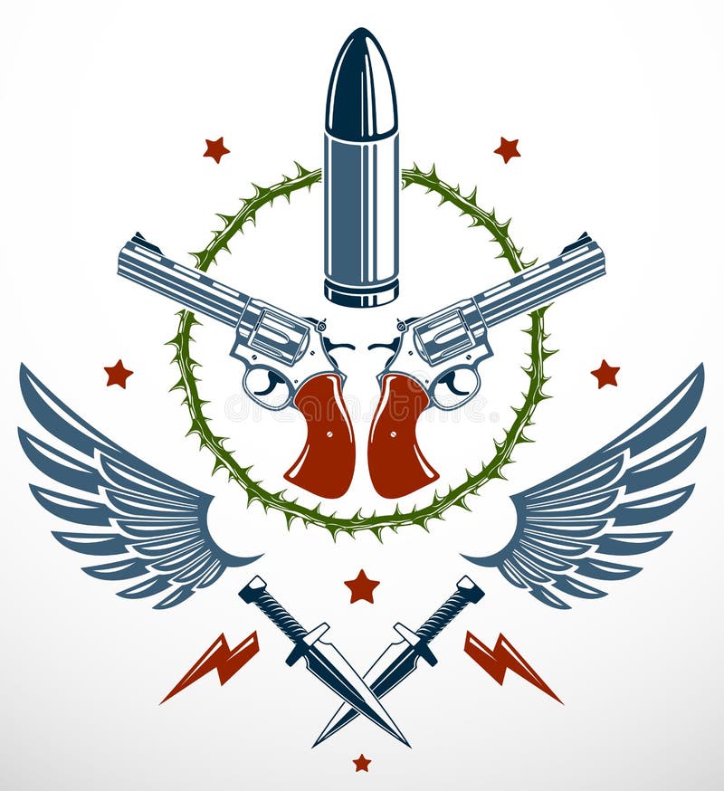 Pociski, pistoletu wektorowy emblemat, logo i tatua? z udzia? ami rewolucja i wojna, r?? ni projekt? w elementy, anarchia i chaosy royalty ilustracja