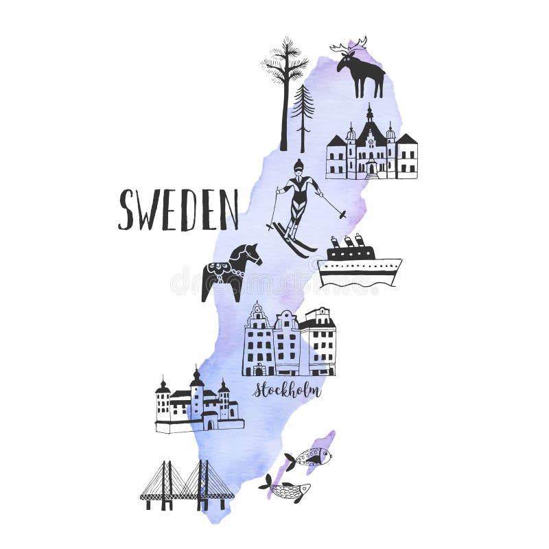 Pociągany ręcznie mapa z sławnymi punktami zwrotnymi Szwecja ilustracji Pociągany ręcznie mapa z sławnymi punktami zwrotnymi Szwecja ilustracji