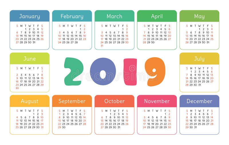 Pocket calendar 2019. Basic simple template. Week starts on Sunday. Colorful funny, kid`s card vector illustration Pocket calendar 2019. Basic simple template. Week starts on Sunday. Colorful funny, kid`s card vector illustration