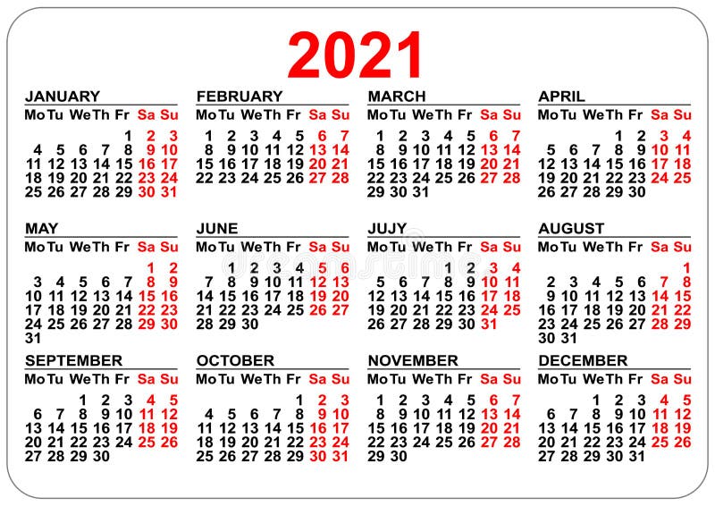 Pocket Calendar 2021 Grid Template Isolated on White Stock Vector ...