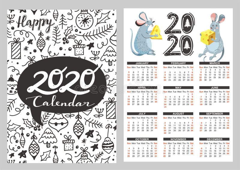 Pocket calendar with illustrations of funny mouse, cheese and doodle elements.