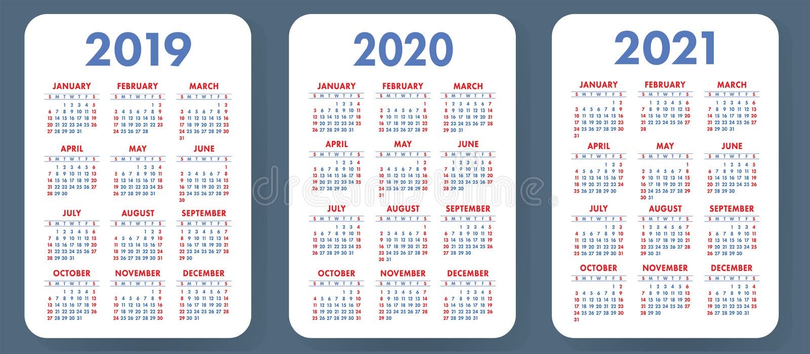 Pocket calendar 2019, 2020, 2021 set. Basic simple template. Wee royalty free illustration