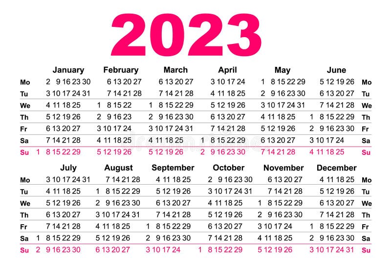 2023 Pocket Calendar Template Grid. First Day of Week Monday Stock