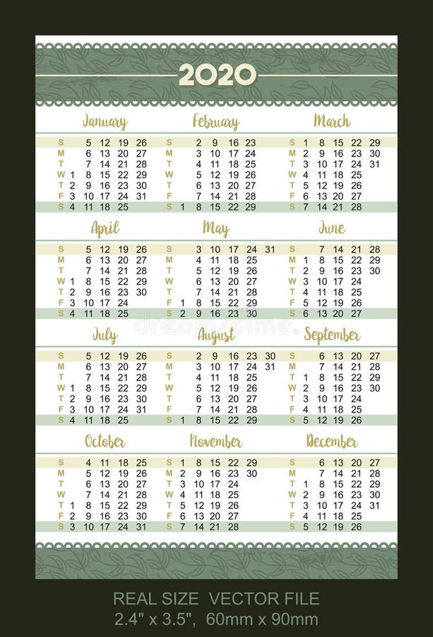 Pocket Calendar 2020, Vector, Start on Sunday. Decoration with Plant