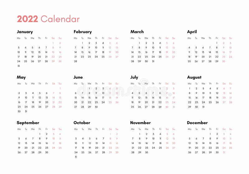 Pocket Calendar On 2022 Year. Horizontal View. Week Starts From Monday Stock Vector - Illustration Of Sunday, Month: 233561378