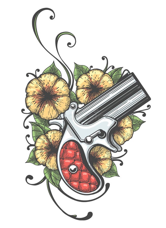 Traditional Tattoo Pistol With Flowers PNG  SVG Design For TShirts