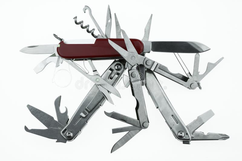 Pocket Knife or Steel Multifunction Tools Isolated on White Background