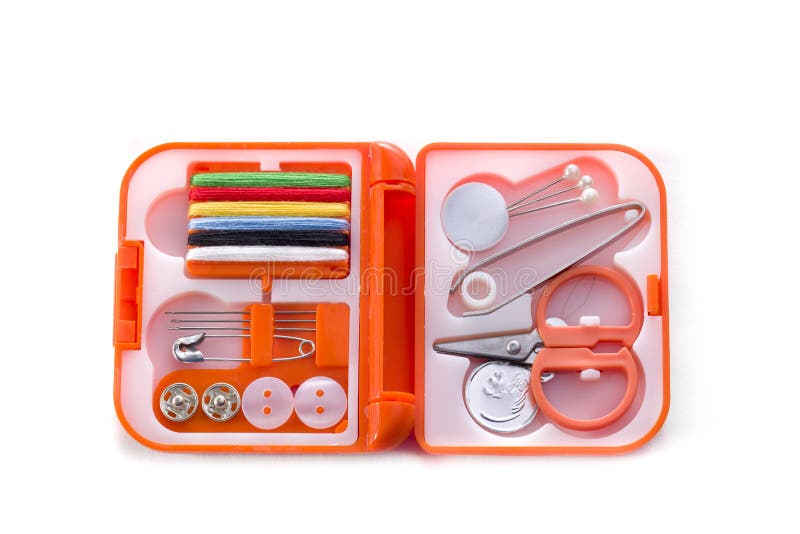 Small sewing kit in an orange case on a white background. Button clasp stock images, royalty-free photos and pictures