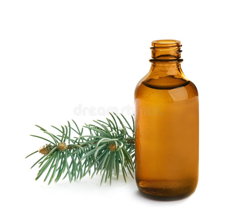 Poco botella abierta con la rama del aceite esencial y del pino fotos de archivo libres de regalías