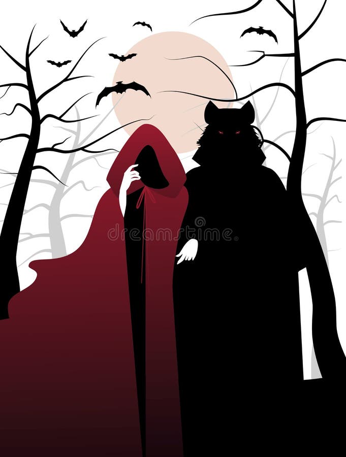 Poco cappuccio e lupo di guida rosso nel legno Invito ad un ha illustrazione di stock Poco cappuccio e lupo di guida rosso nel legno Invito ad un ha illustrazione di stock