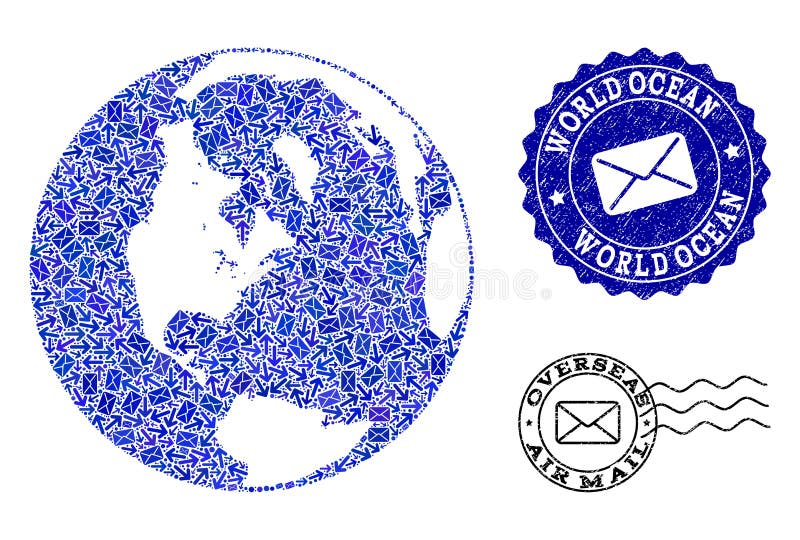 Poczt droga przemian kola? mozaiki mapa Globalny ocean i Drapaj?cy znaczki ilustracji Poczt droga przemian kola? mozaiki mapa Globalny ocean i Drapaj?cy znaczki ilustracji
