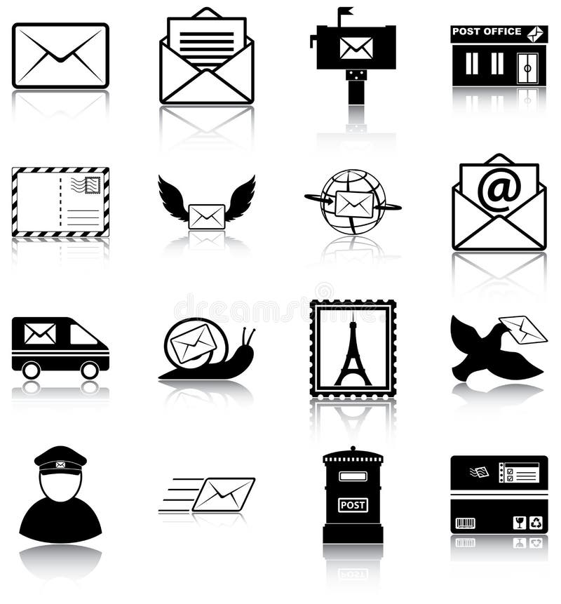 16 mail related icons/ silhouettes. 16 mail related icons/ silhouettes.