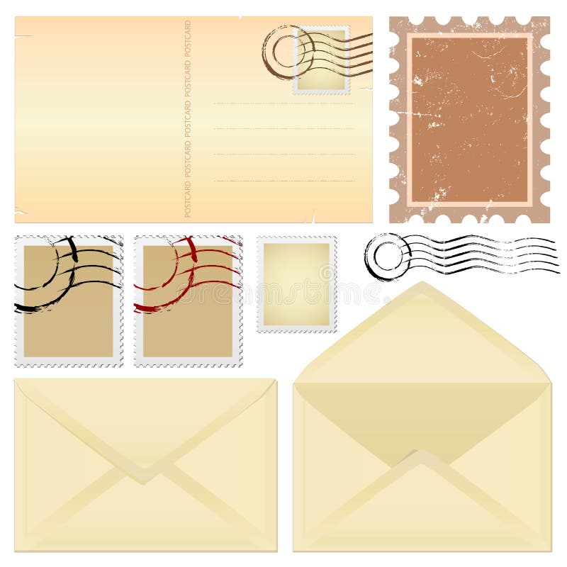 Set of postcard and stamps vector. Set of postcard and stamps vector