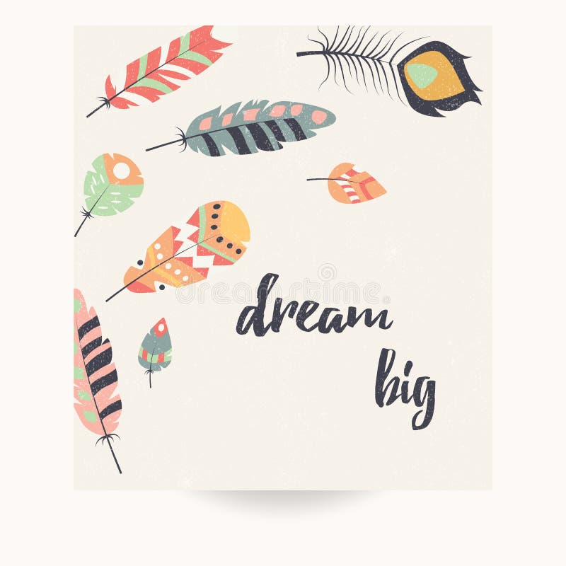 Pocztówkowy projekt z inspiracyjną wycena i artystycznymi kolorowymi piórkami ilustracji Pocztówkowy projekt z inspiracyjną wycena i artystycznymi kolorowymi piórkami ilustracji