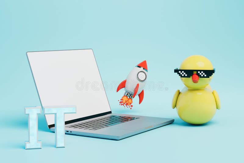 Początek pracy. napis laptop rakieta i kaczka gumowa w czarnych okularach na niebieskim tle renderowanie 3d ilustracji