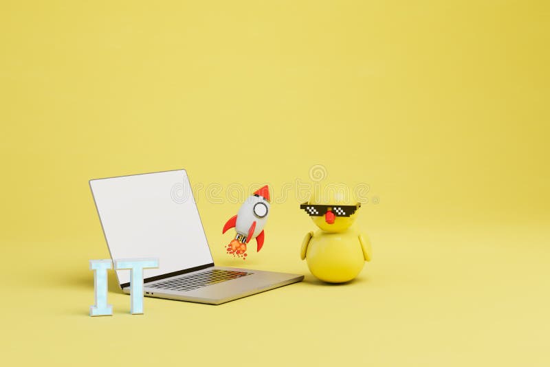 Początek pracy. napis laptop rakieta i kaczka gumowa w czarnych okularach na żółtym tle renderowanie 3d ilustracji