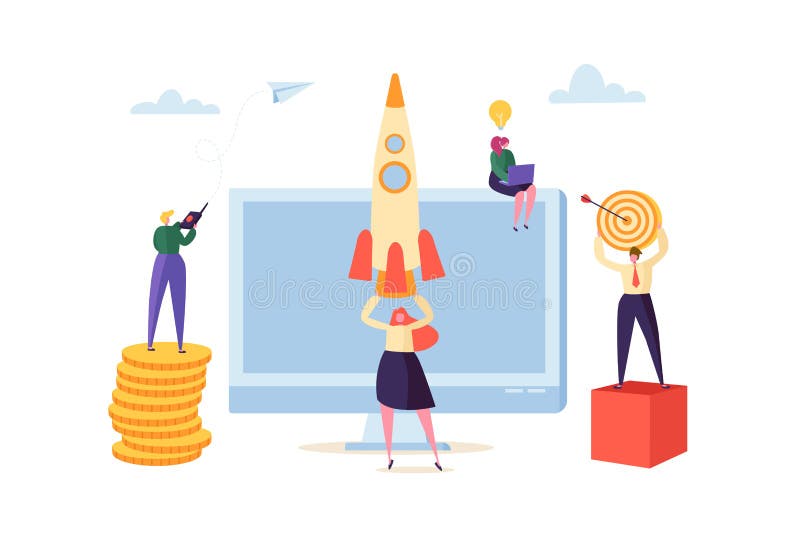 Początkowy innowacji technologii pojęcie Nowy Biznesowy projekt z Rakietowymi i Kreatywnie charakterami zarządzanie royalty ilustracja Początkowy innowacji technologii pojęcie Nowy Biznesowy projekt z Rakietowymi i Kreatywnie charakterami zarządzanie royalty ilustracja
