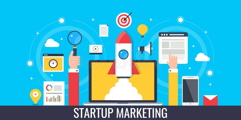 Concept of startup marketing, flying rocket on a laptop screen and other web promotion materials. Flat design vector illustration. Concept of startup marketing, flying rocket on a laptop screen and other web promotion materials. Flat design vector illustration.