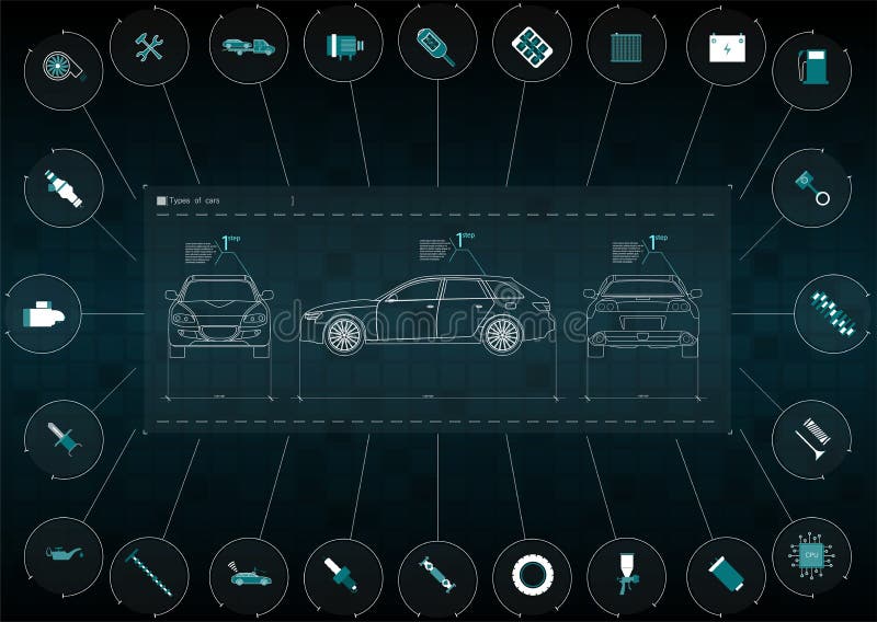 Podaniowy interfejs dla utrzymania automobilowe części i naprawy Samochodu przodu, tylnych i bocznych widoki, Infographics frei ilustracja wektor Podaniowy interfejs dla utrzymania automobilowe części i naprawy Samochodu przodu, tylnych i bocznych widoki, Infographics frei ilustracja wektor