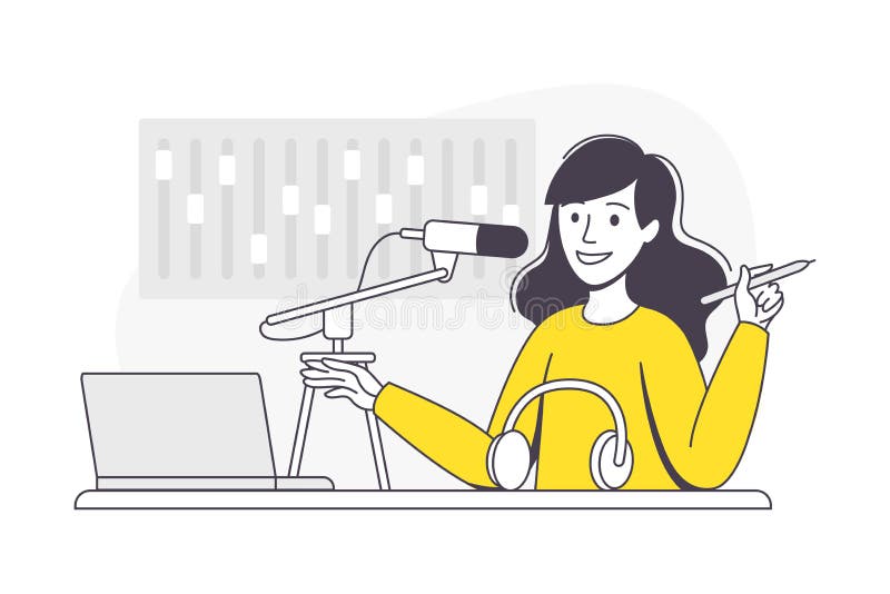 Podcast con una giovane donna con trasmissione di microfoni e streaming live di un'illustrazione vettoriale. conduttore radio femminile impegnato in una conversazione in studio