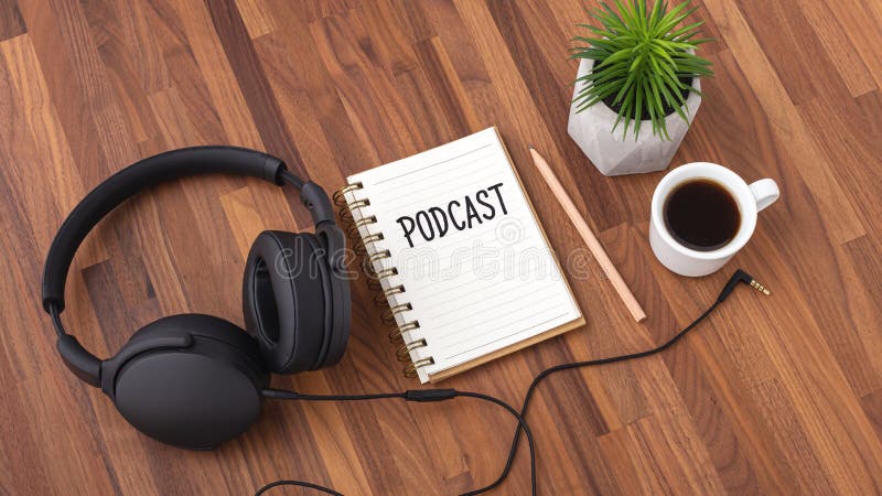 Podcast concept on wooden desk stock photography