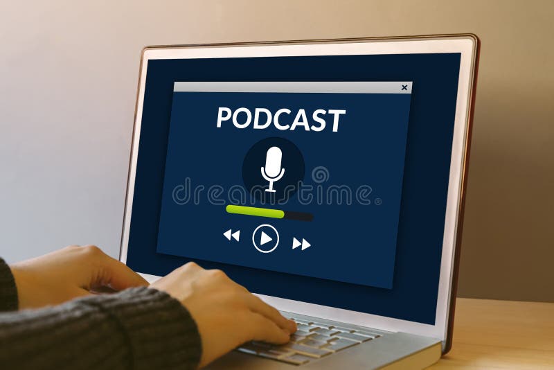 Podcast concept on laptop computer screen on wooden table royalty free stock photos