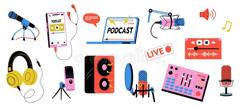Podcast. fotocamera per microfono portatile cuffie da tastiera per la trasmissione di blog illustrazione vettoriale