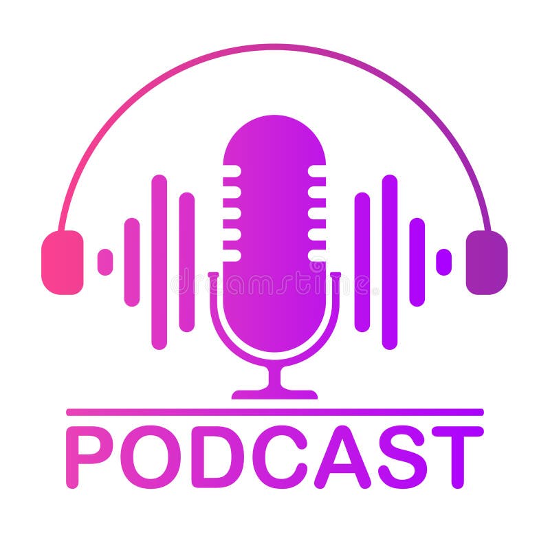 Podcast ikony koloru studia stół jest mikrofonem z rozsądnej fali fali symbolami Webcast audio nagrania pojęcia logo z royalty ilustracja