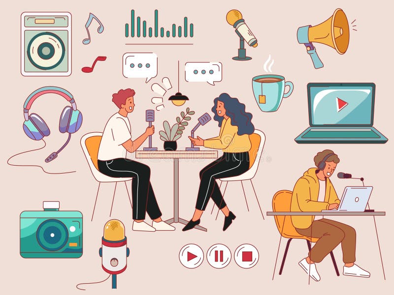 Podcast. le persone che intervistano radio dal vivo e le ragazze e gli ospiti usano i microfoni nella riproduzione audio in studio royalty illustrazione gratis