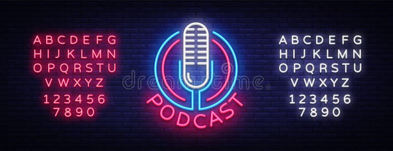 Podcast Neonowego znaka projekta wektorowy szablon Podcast neonowego loga, lekkiego sztandaru projekta elementu nowożytnego proje ilustracja wektor