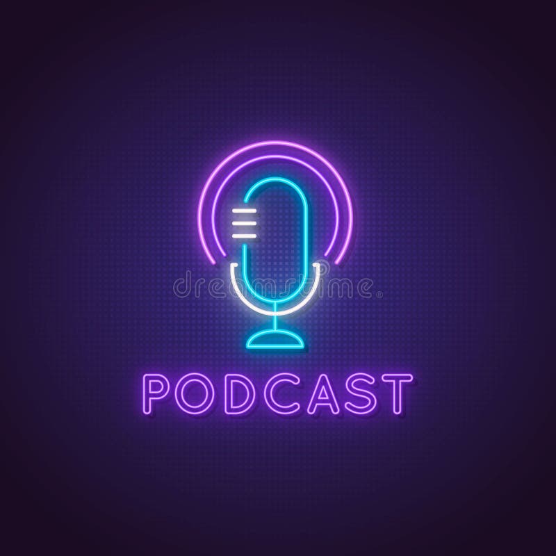 Podcast-Neonzeichen Das Mikrofon-Symbol im Studio leuchtet, und der Text Podcast auf dunklem Hintergrund stock abbildung