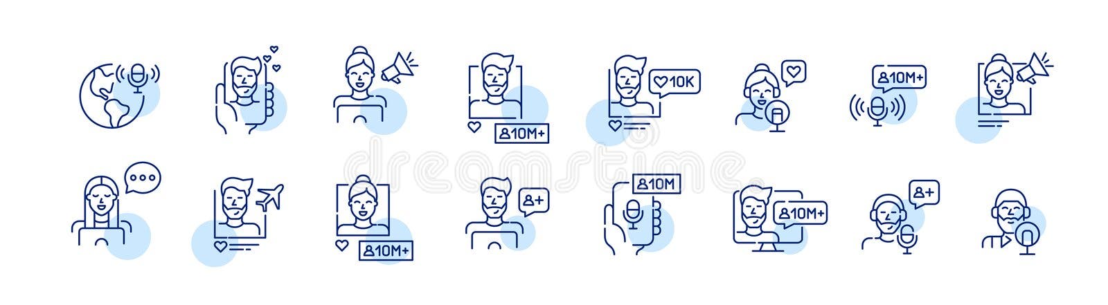 Podcast, radio programme or blogger chatting with his followers. Social media pixel perfect, editable stroke icons set vector illustration Podcast, radio programme or blogger chatting with his followers. Social media pixel perfect, editable stroke icons set vector illustration