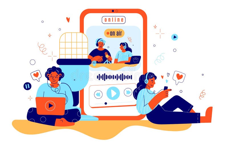 Podcast registrazione composizione astratta. grande smartphone con streaming broadcast o interviste a blogger con microfono illustrazione di stock