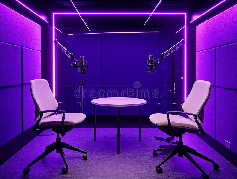 Podcast Studio Interior Purghting Dwa Krzesła Mikrofony zdjęcia royalty free