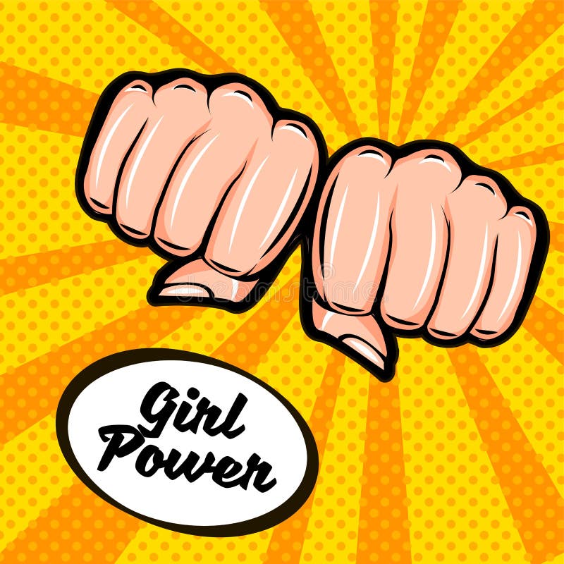 Poder da menina Símbolo do feminismo O punho fêmea, rabisca o cartaz retro colorido ao estilo do pop art