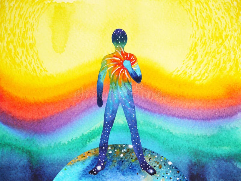 Poder do ser humano e do universo, pintura da aquarela, reiki do chakra, universo do mundo dentro de sua mente Poder do ser humano e do universo, pintura da aquarela, reiki do chakra, universo do mundo dentro de sua mente