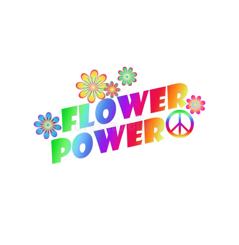 Poder floral slogan tipográfico de los setenta en colores arcoiris con flores hippie coloridas margarita y signo de paz y amor ilustración del vector