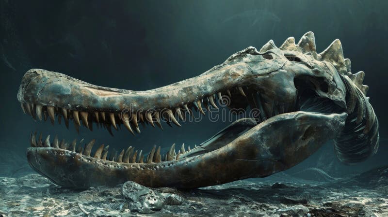 The powerful jawbone of a mosasaurus rests a the bones offering a glimpse into the terrifying prehistoric predator. AI generated. The powerful jawbone of a mosasaurus rests a the bones offering a glimpse into the terrifying prehistoric predator. AI generated