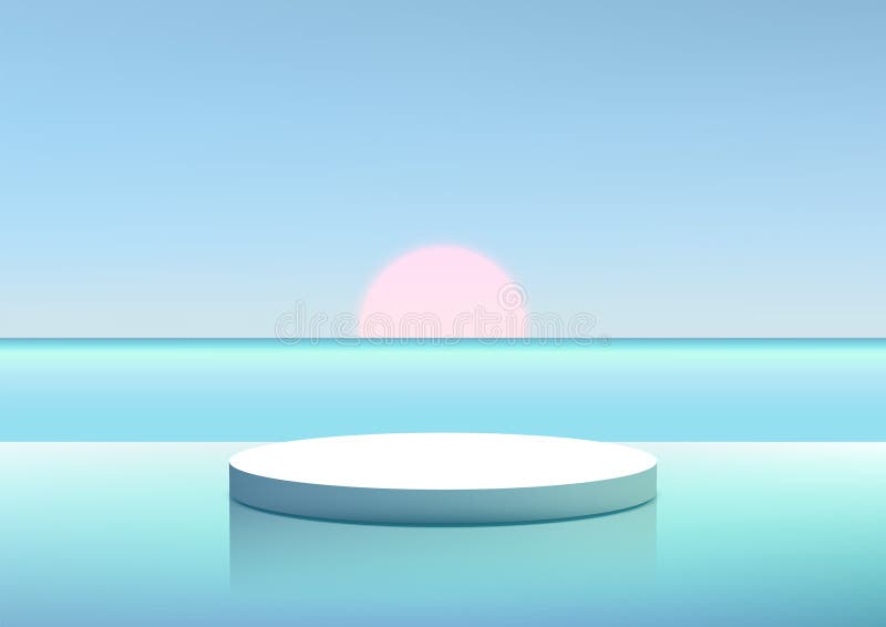 Podio bianco galleggiante al di sopra di acqua blu calma con riflesso rosa pastello e sfondo sereno per la natura del prodotto royalty illustrazione gratis