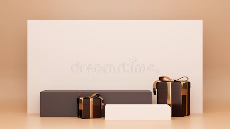 Podio con uno sfondo di design elegante e scatole regalo in un rettangolo marrone in uno sfondo illustrativo 3d illustrazione vettoriale