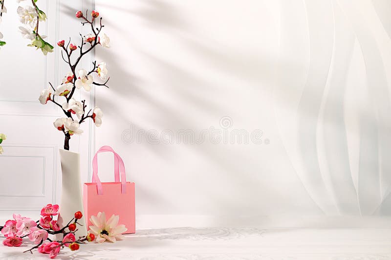 Podio elegante di lusso con sakura fiorente e pacchetto regalo concetto di matrimonio per le madri compleanno immagini stock