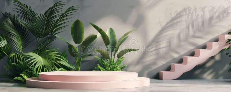 Podio elegante per la visualizzazione di prodotti in ambienti tropicali con piante verdi di cespuglio fotografia stock