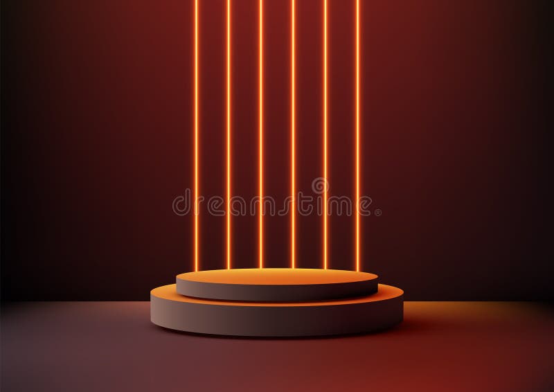 Podio illuminato da neon futuristico con lucentori arancioni per presentazioni tecnologiche moderne e presentazioni high-tech illustrazione di stock