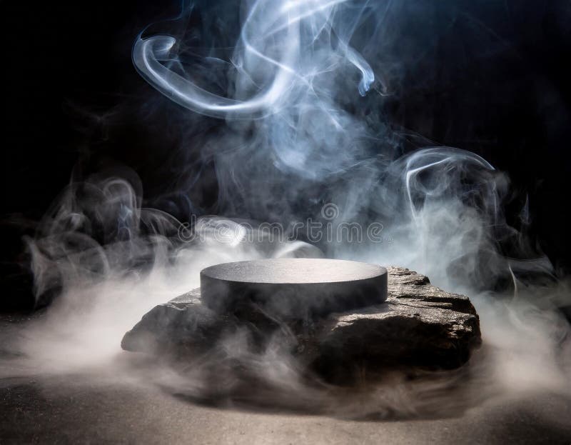 Rocky podium with smoke and fog in dark environment, central spotlight. Mystic, dramatic atomosphere. Rocky podium with smoke and fog in dark environment, central spotlight. Mystic, dramatic atomosphere.