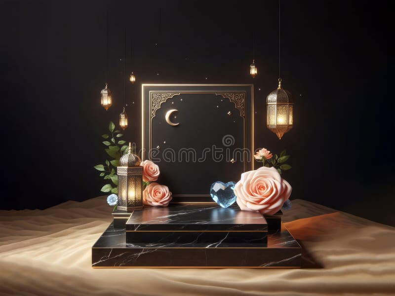 black marble podium on a desert with arabic lantern, blue crystal and peach roses night scene,ai generated &#x28;1. black marble podium on a desert with arabic lantern, blue crystal and peach roses night scene,ai generated &#x28;1