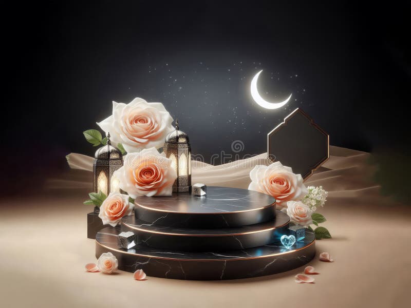 black marble podium on a desert with arabic lantern, blue crystal and peach roses night scene,ai generated &#x28;1. black marble podium on a desert with arabic lantern, blue crystal and peach roses night scene,ai generated &#x28;1