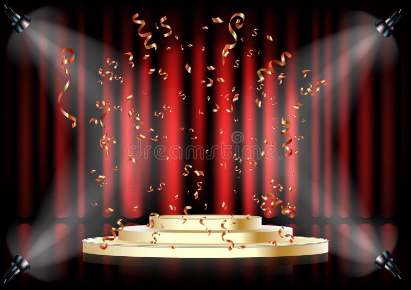 Podium on Background of the Red Curtain. Empty Pedestal for Award Ceremony.  Platform Illuminated by Spotlights Stock Vector - Illustration of abstract,  illumination: 152842090
