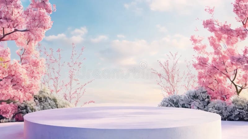 Podium circulaire dans un paysage de printemps onirique avec fleurs de cerisiers illustration libre de droits