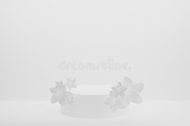 Podium 3D podium, podium alb cilindric podium pe fond alb. Flori de primăvară albe, fragede, ca decor, mockup 3d, redare. royalty free illustration