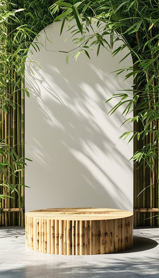 Podium de bambus natural și capac gol cu umbre de viță de vie în cascadă. stock illustration